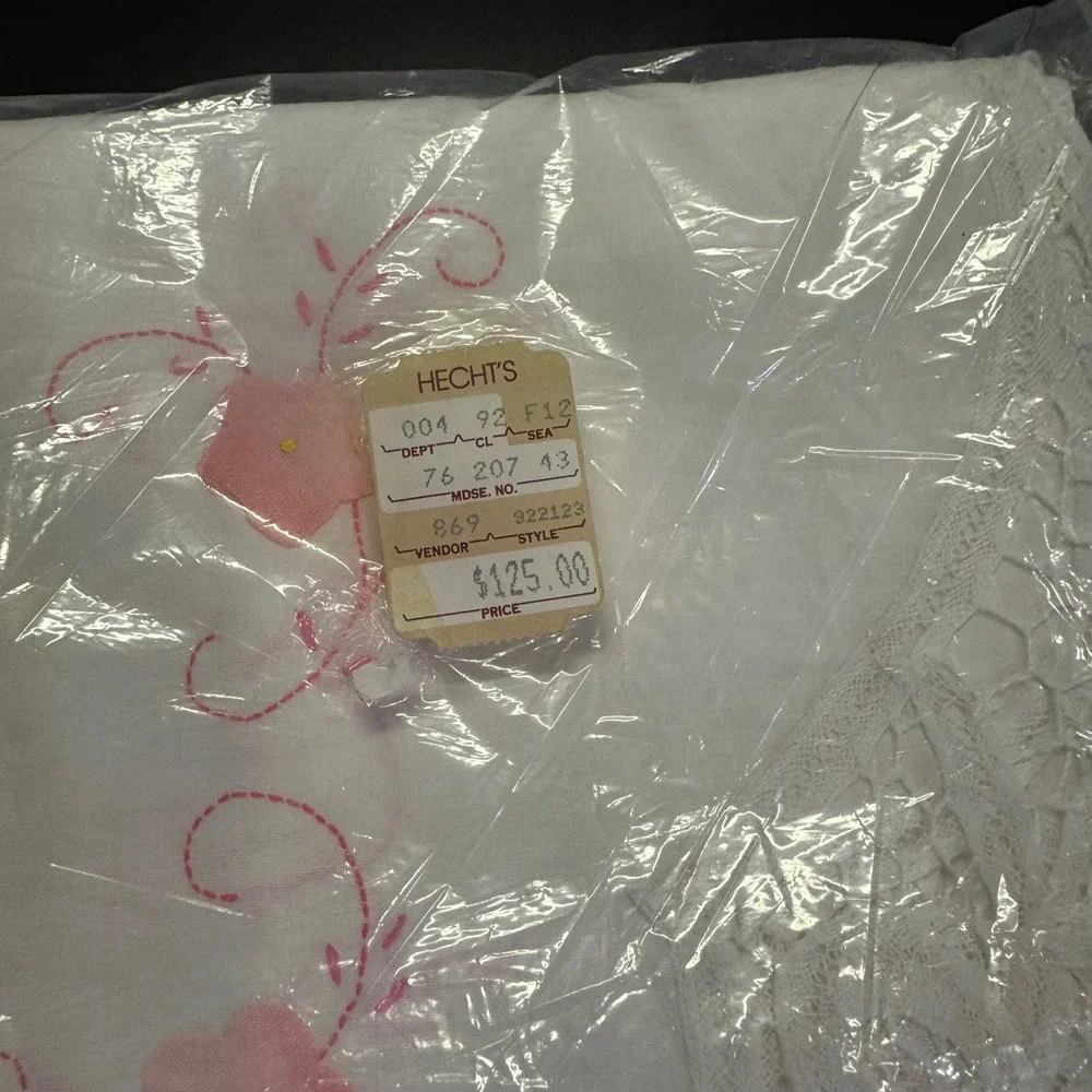 Sunham & Co Tablecloth 68x104 White Pink Hand Embroidered Battenburg Lace Oblong
